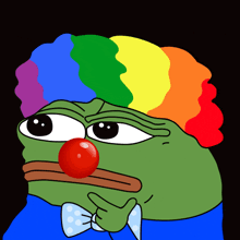 a green frog wearing a clown costume with a red nose and rainbow hair