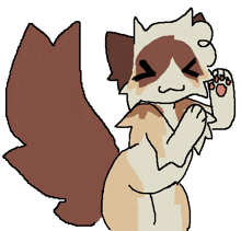 a drawing of a brown and white cat with its eyes closed and its paw up