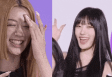 two women are laughing and one is covering her face with her hand