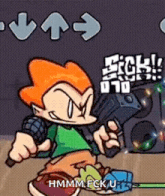 a cartoon character is holding a gun in front of a microphone .