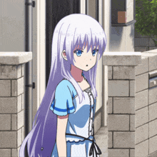a girl with purple hair and blue eyes is standing in front of a brick wall