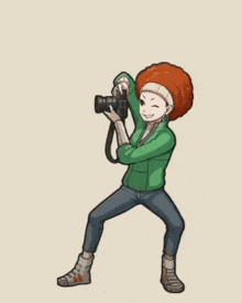 a cartoon character in a green jacket is holding a crescent moon in front of his face