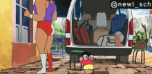 a cartoon character is standing in front of a van filled with luggage