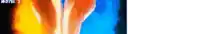 a painting of a blue and orange background with a flame coming out of it