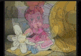 a cartoon of a little girl holding a flower with the letters tvel on the bottom