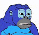 a blue gorilla with a blue scarf around its neck is making a sad face on a white background .