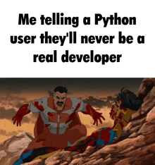 a cartoon of invincible and omniman with the caption me telling a python user they will never be a real developer