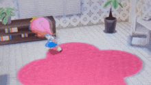 a girl with pink hair is laying on a pink rug in a room