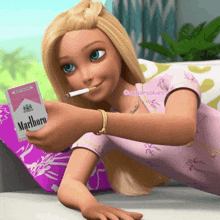 a barbie doll holding a pack of marlboro cigarettes