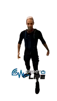 a man in a black shirt and blue shorts stands in front of a white background with the words elettro life below him