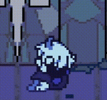 a pixel art of a person standing in a dark room with a purple background .