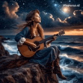a painting of a woman sitting on a rock playing an acoustic guitar