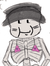 a drawing of a skeleton wearing a hat and a bikini top