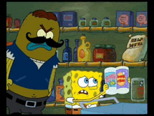 a cartoon of a man with a mustache standing next to a spongebob character