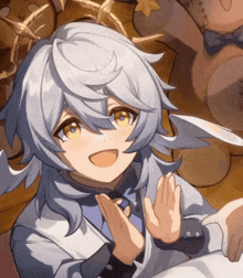 a close up of a cartoon character with white hair