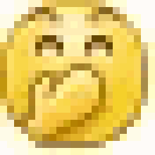 a pixelated yellow smiley face with a hand on its mouth .