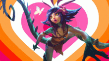 a girl with a flower in her hair is surrounded by a pink heart
