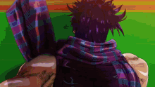 a pixel art of a man with purple hair and a plaid scarf around his neck
