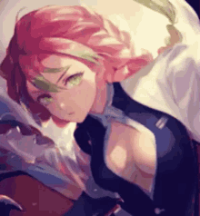 a girl with pink hair and green eyes is holding a sword .