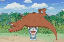 a cartoon of doraemon holding a t-rex in his hands