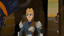 a cartoon of a man in armor standing next to a door
