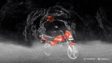 a red motorcycle is driving through a cave with smoke coming out of it