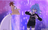 a cartoon drawing of perry the platypus and a girl with blue hair