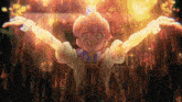 a cartoon girl with her arms outstretched in front of a glowing background