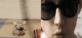 a close up of a person wearing sunglasses next to a picture of a cartoon mouse