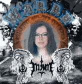 a picture of a woman surrounded by skulls and a circle with the letters nl on it