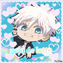 a picture of a person with the words gojo de latte written on it
