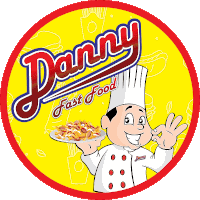 a logo for danny fast food with a chef holding up a plate of food