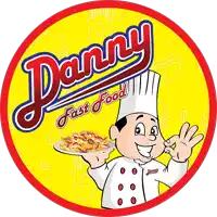 a logo for danny fast food with a chef holding up a plate of food