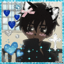 a picture of a black anime character with cat ears and a bow