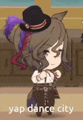 a cartoon of a girl wearing a top hat and pants is dancing .