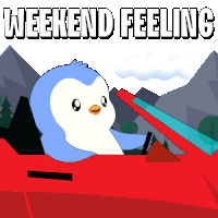 a penguin driving a red car with the words weekend feeling