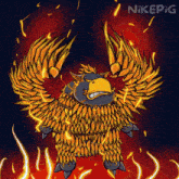 a cartoon drawing of a flaming monster with the name nikepig on the bottom right