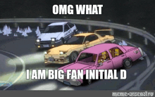 a cartoon of three cars driving down a road with the words `` omg what i am big fan initial d ''