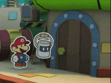a paper mario is holding a bucket in front of a house