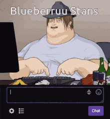 a cartoon of a man sitting in front of a computer with the name blueberryuu stans on the screen