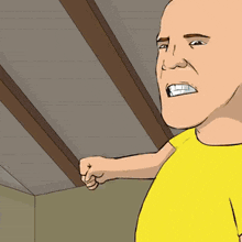 a cartoon drawing of a bald man with a yellow shirt