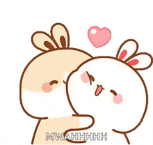 a couple of rabbits are kissing each other with a heart between them .