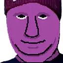 a pixel art of a man 's face with a purple mask and a hat .