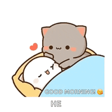 a cartoon cat is laying on top of a white cat in a bed .