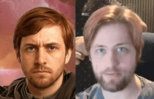a man with red hair and blue eyes is next to another man with a beard