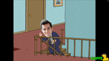 a cartoon of a man sitting on a set of stairs with the word gossip on the bottom