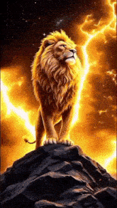 a lion is standing on top of a rock in front of a thunderstorm .