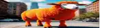an orange sheep with a white face is standing on a city street .