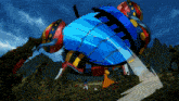 a cartoon drawing of a giant blue and red robot