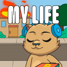 a cat wearing headphones is holding a box of pizza in front of a burning house that says my life